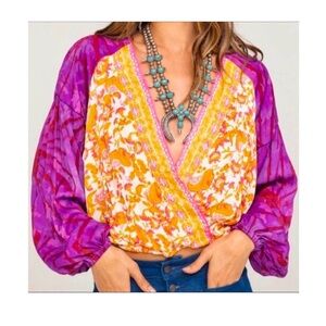 Free people Bohemian Floral Blouse with Purple Sleeves size M
